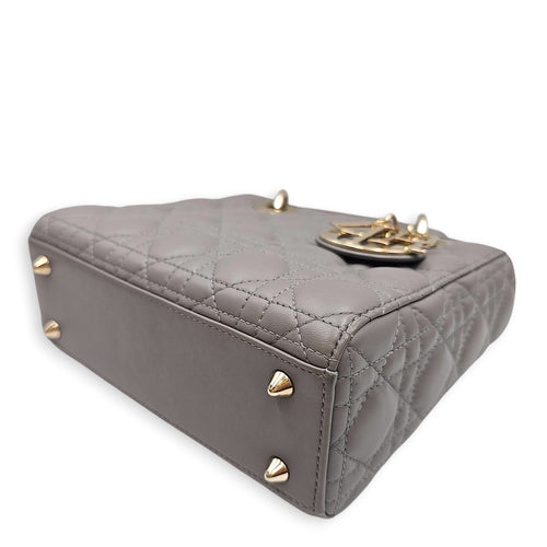 Small  Lady Dior Grey Top Handle Bag in Lambskin Gold hardware