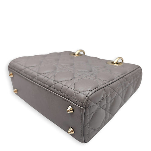 Small  Lady Dior Grey Top Handle Bag in Lambskin Gold hardware