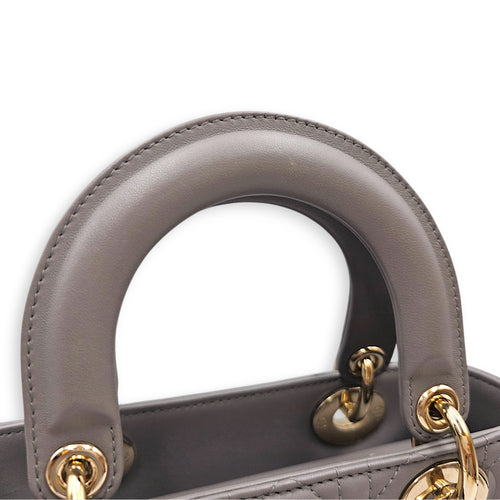 Small  Lady Dior Grey Top Handle Bag in Lambskin Gold hardware