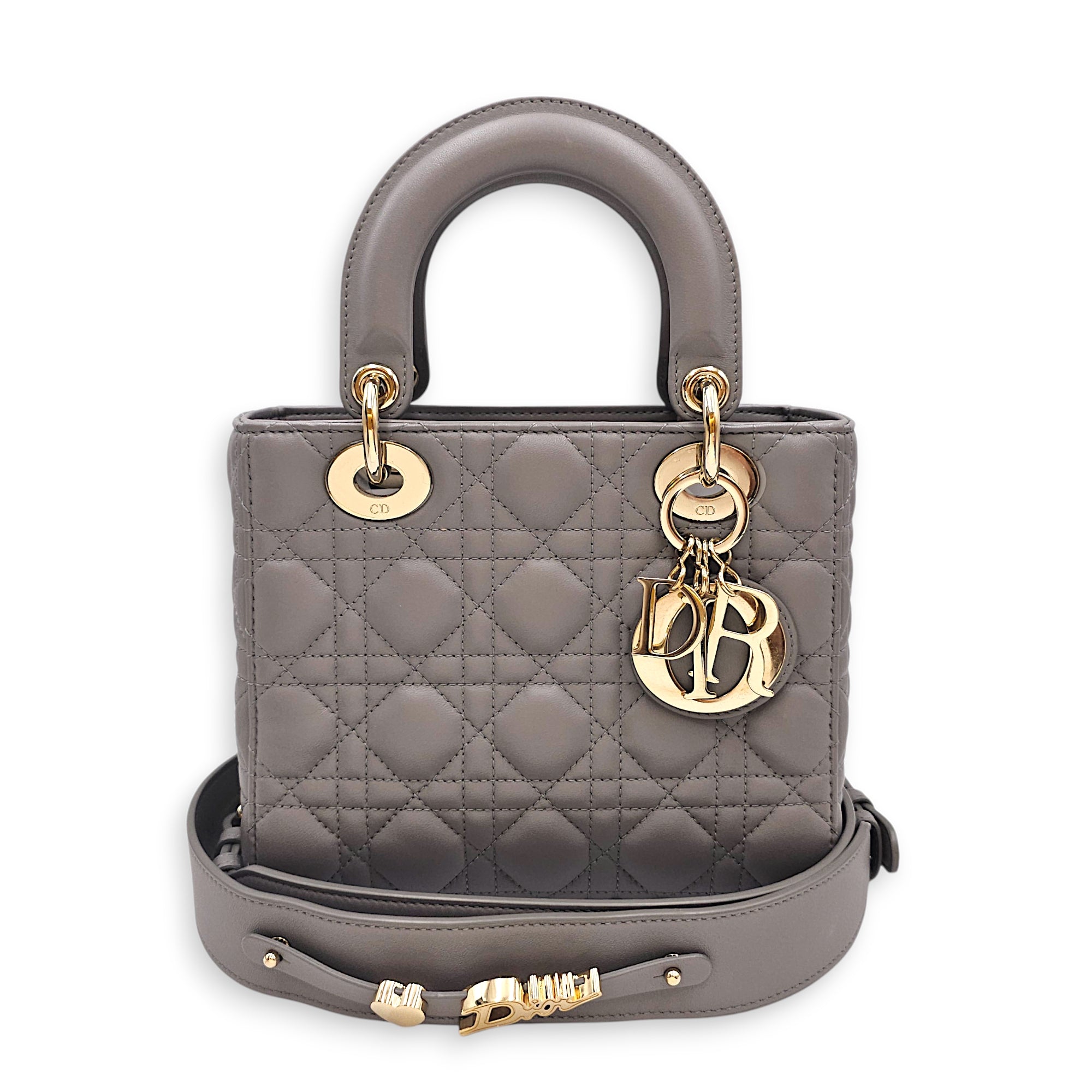 Small  Lady Dior Grey Top Handle Bag in Lambskin Gold hardware
