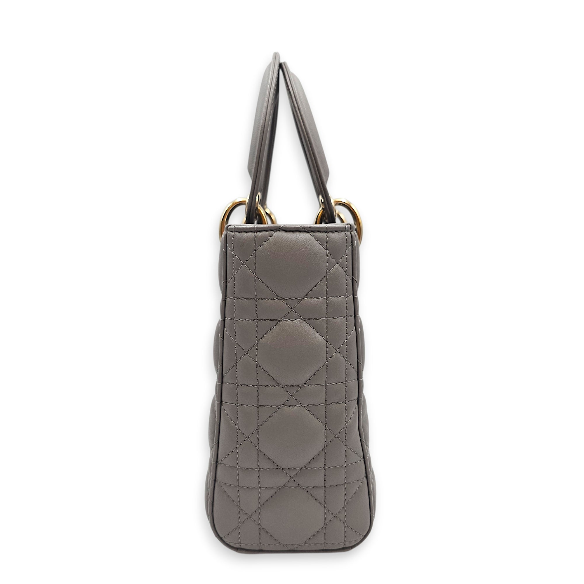 Small  Lady Dior Grey Top Handle Bag in Lambskin Gold hardware