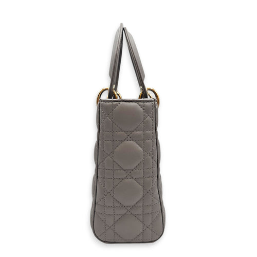 Small  Lady Dior Grey Top Handle Bag in Lambskin Gold hardware