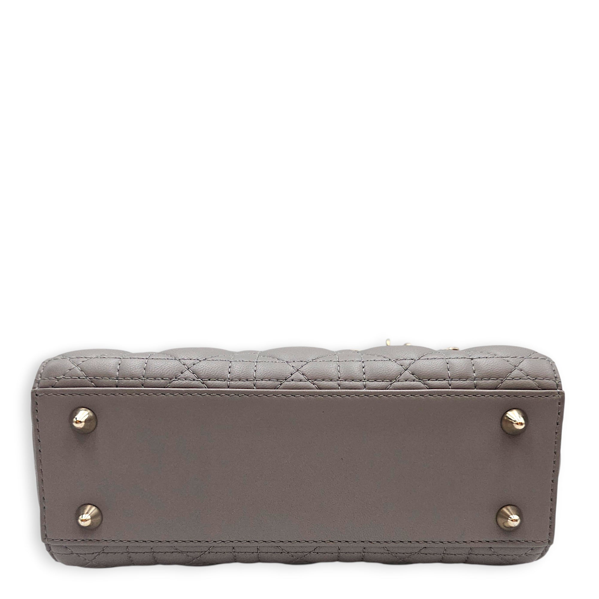 Small  Lady Dior Grey Top Handle Bag in Lambskin Gold hardware