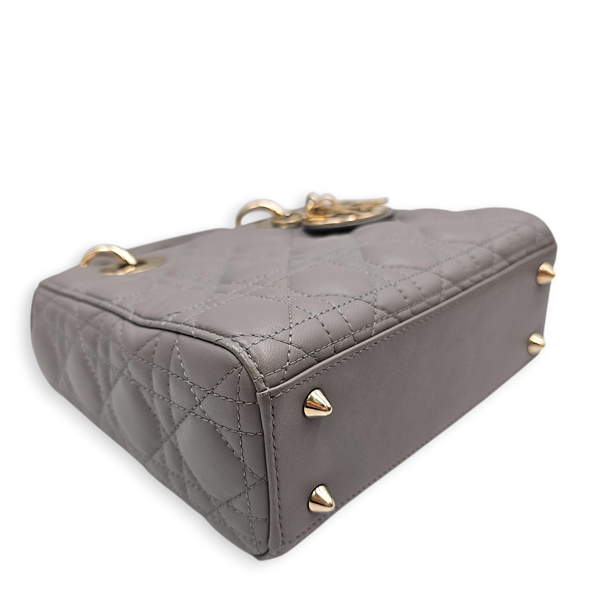 Small  Lady Dior Grey Top Handle Bag in Lambskin Gold hardware