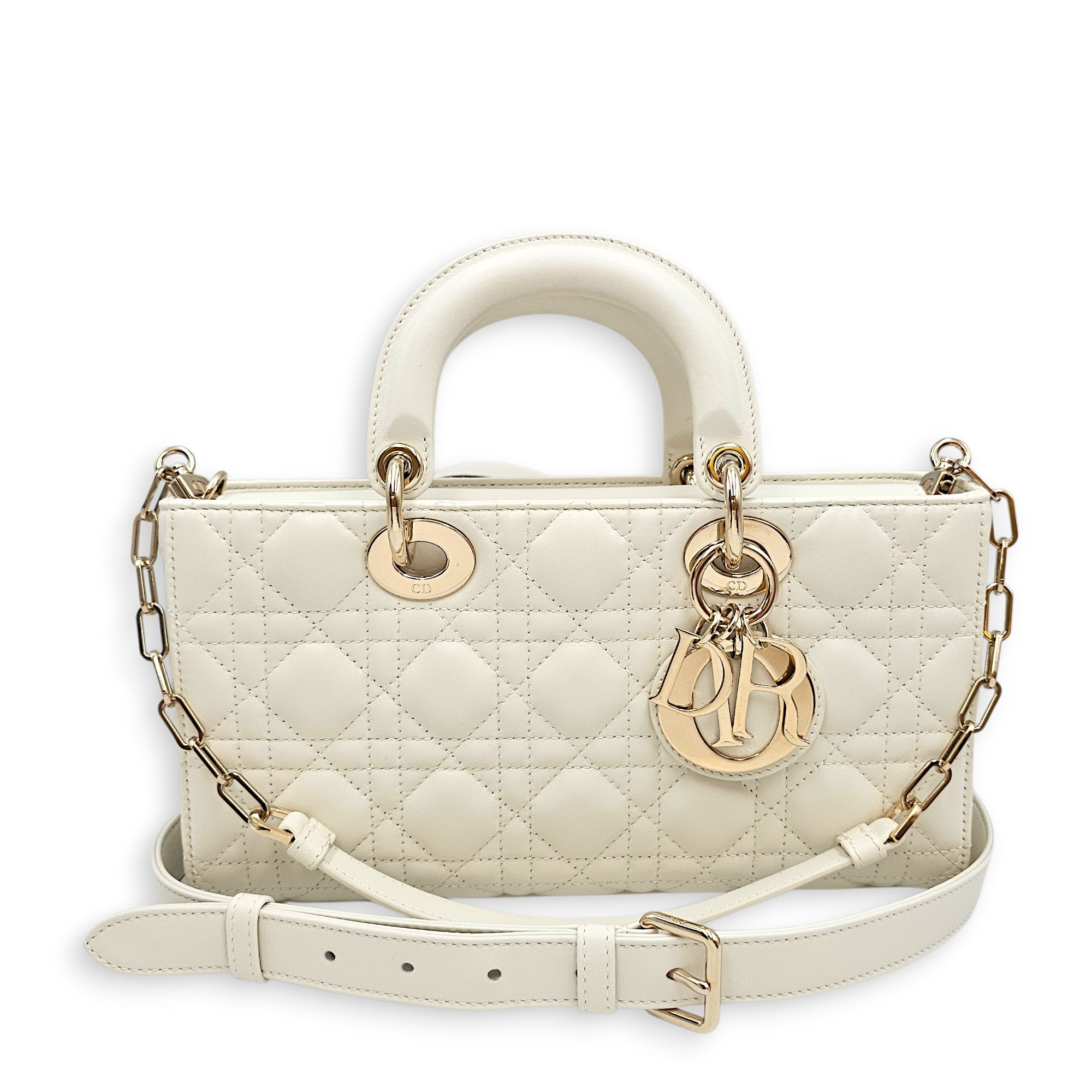 Lady D-Joy Medium White Top Handle Bag in Lambskin Gold hardware CL2603-19757 10