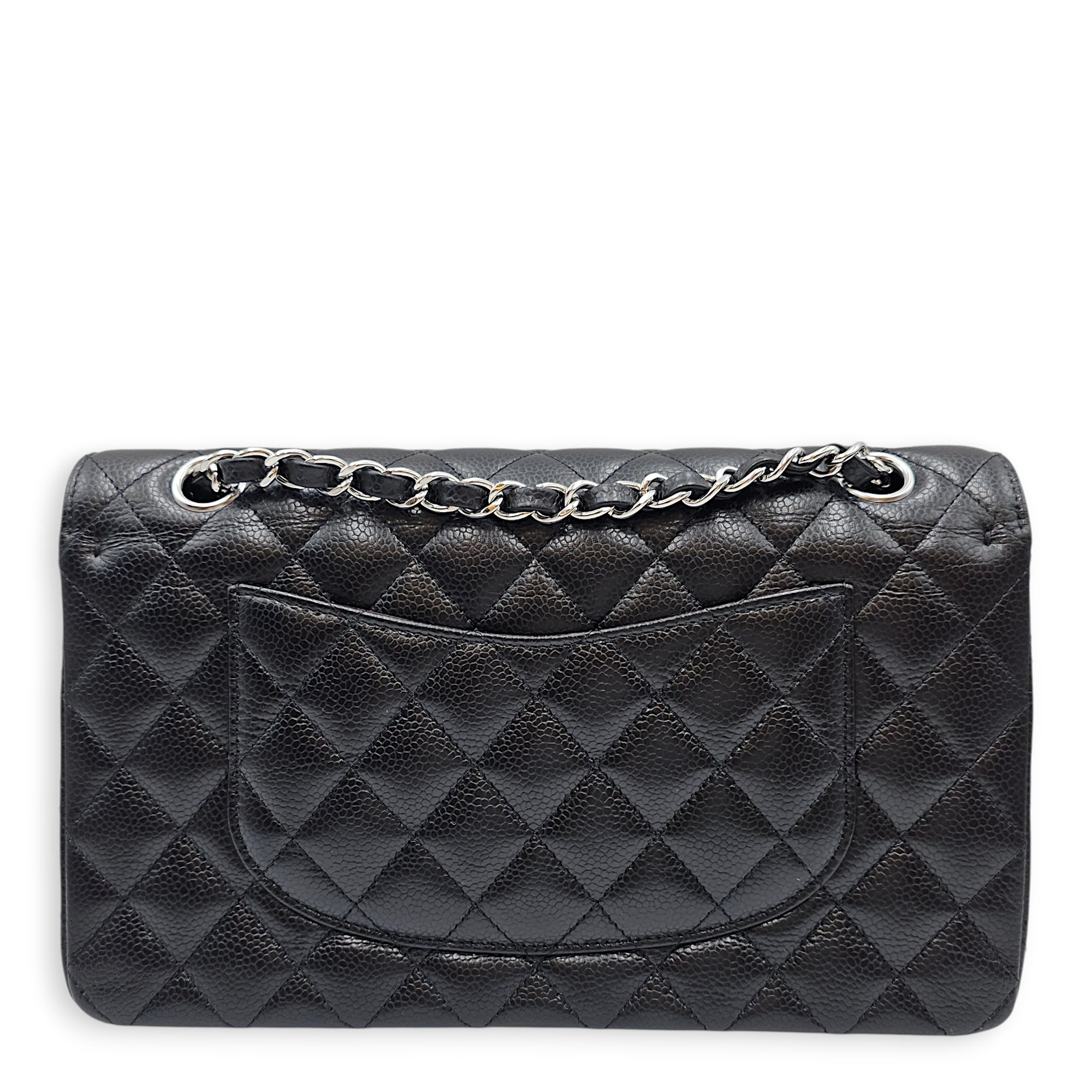 Medium Classic Flap Black Shoulder Bag in Caviar Leather Silver hardware