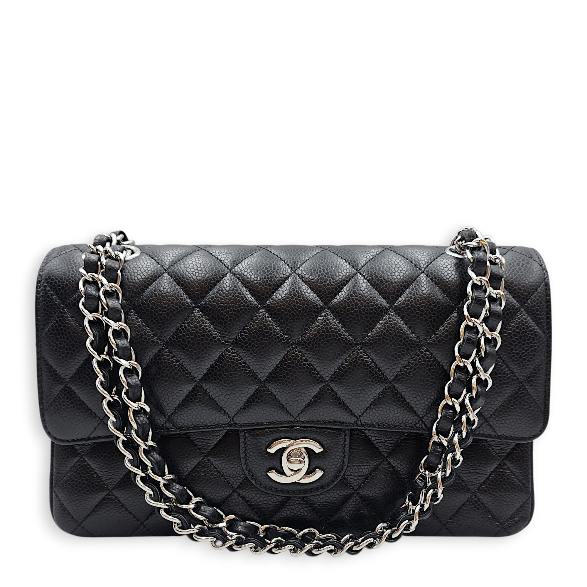 Medium Classic Flap Black Shoulder Bag in Caviar Leather Silver hardware