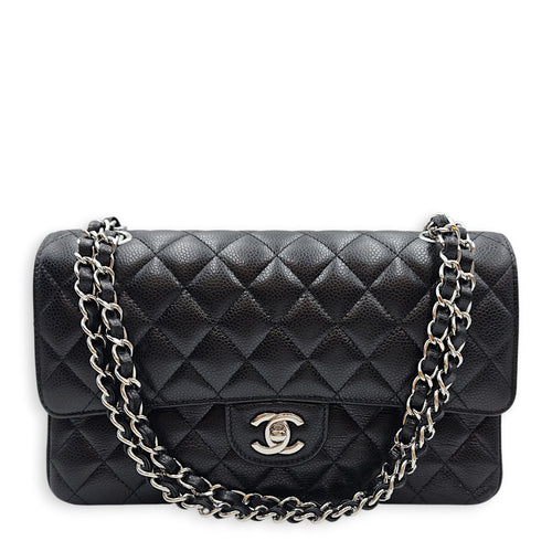 Medium Classic Flap Black Shoulder Bag in Caviar Leather Silver hardware