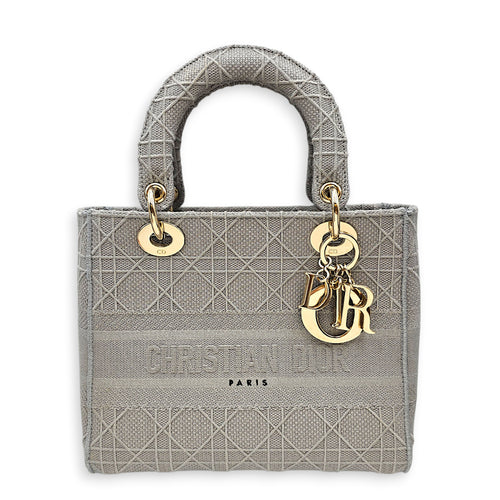 Medium Lady D-Lite Cannage Embroidery Grey Shoulder Bag in Canvas Gold hardware