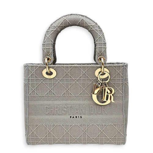 Lady D-Lite Cannage Embroidery Medium Grey Top Handle Bag in Canvas Gold hardware CL2603-19877 1