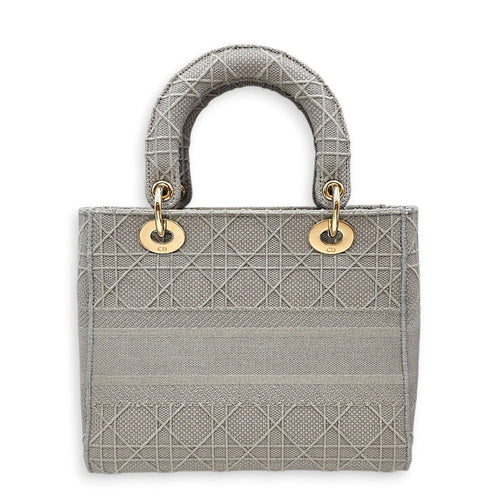 Lady D-Lite Cannage Embroidery Medium Grey Top Handle Bag in Canvas Gold hardware CL2603-19877 2
