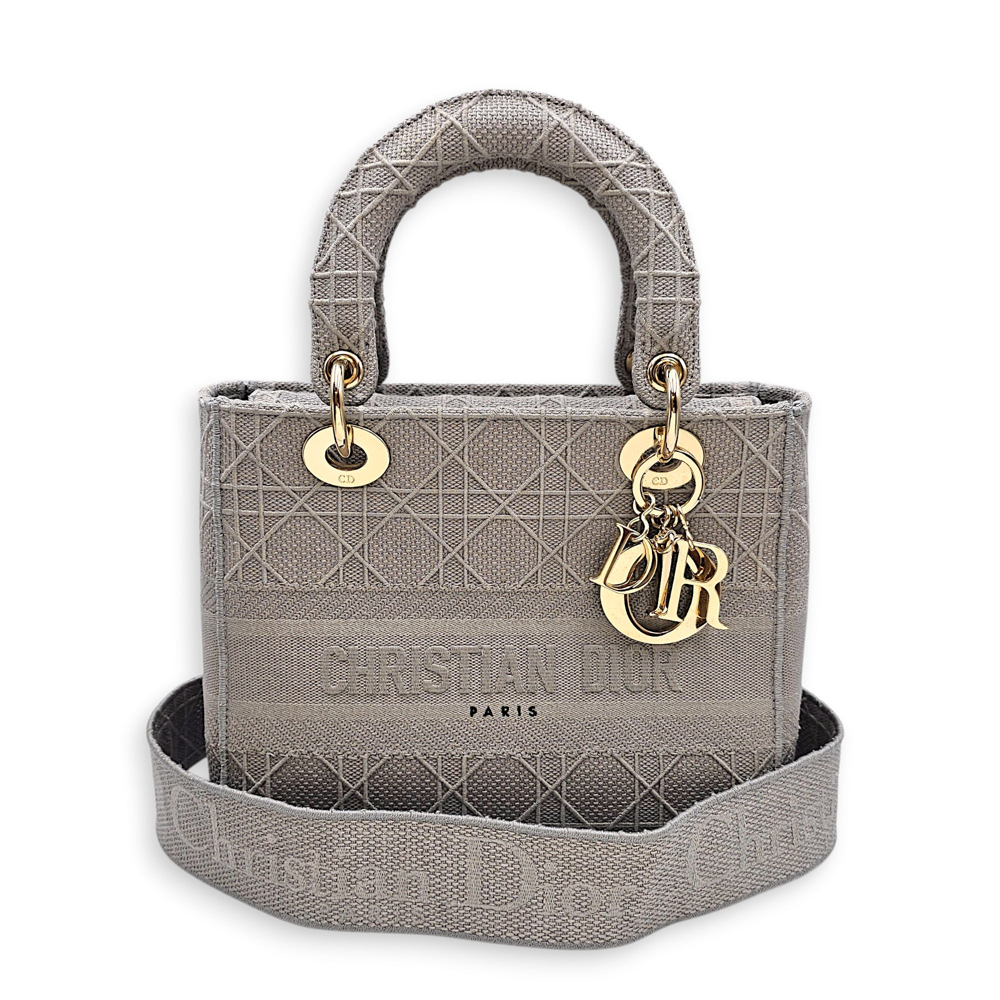 Lady D-Lite Cannage Embroidery Medium Grey Top Handle Bag in Canvas Gold hardware CL2603-19877 9