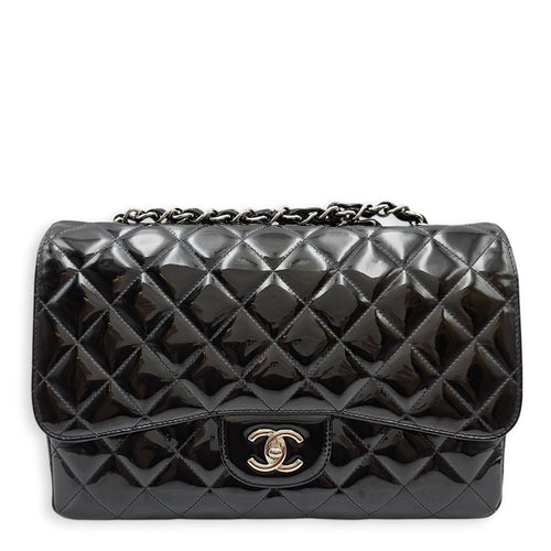 Quilted Single Flap Jumbo Black Shoulder Bag in Patent Leather Silver hardware CL2603-19879 1