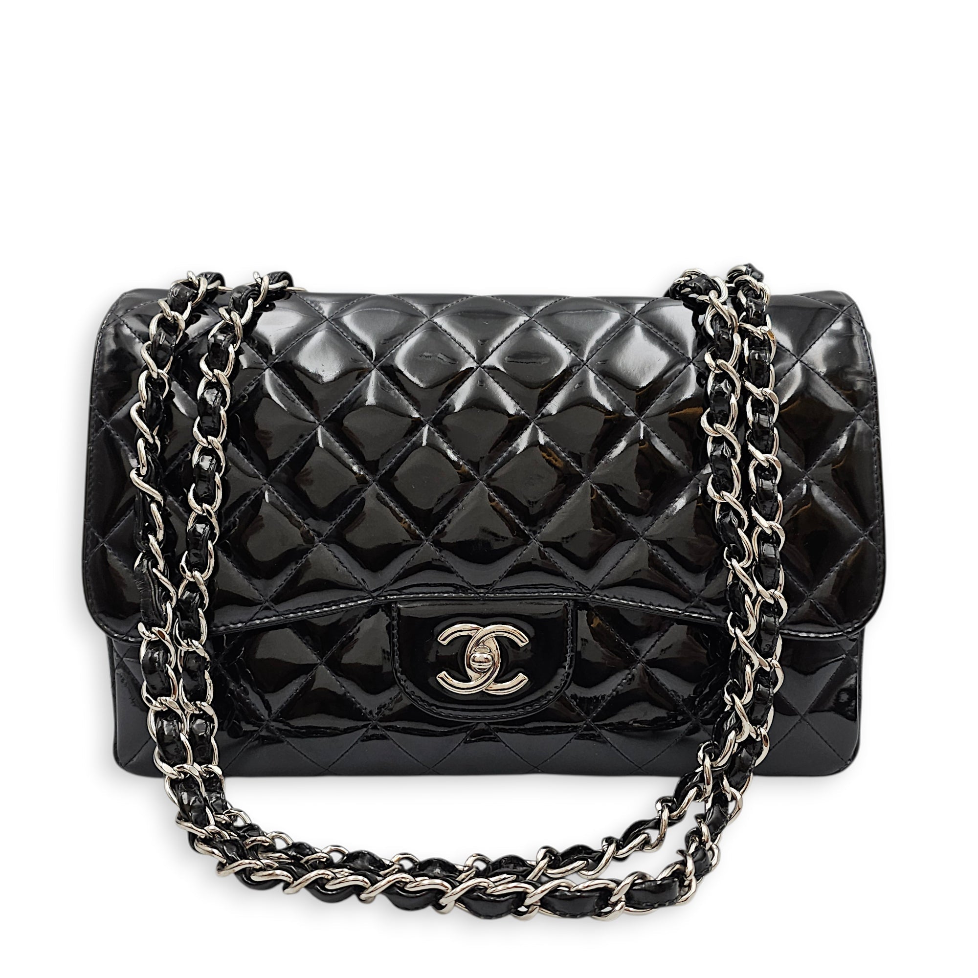 Quilted Single Flap Jumbo Black Shoulder Bag in Patent Leather Silver hardware CL2603-19879 10