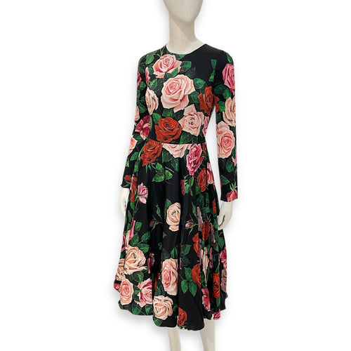 Rose Print Midi Dress 46 Black Ready-To-Wear in Silk CL2603-19888 1