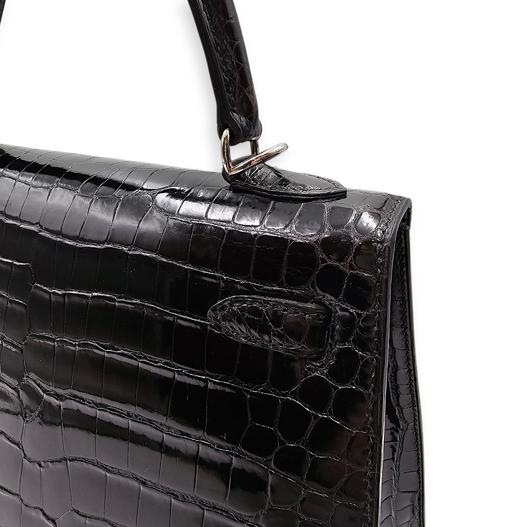 Sellier Kelly 25 Black in Shiny Porosus Palladium hardware CL2603-19987 10