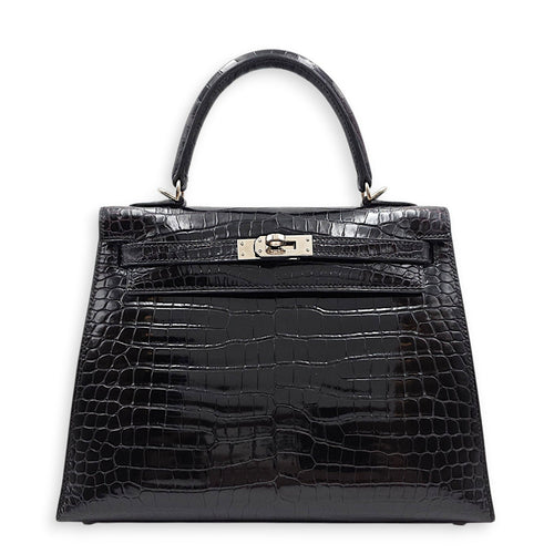 Sellier Kelly 25 Black in Shiny Porosus Palladium hardware CL2603-19987 1