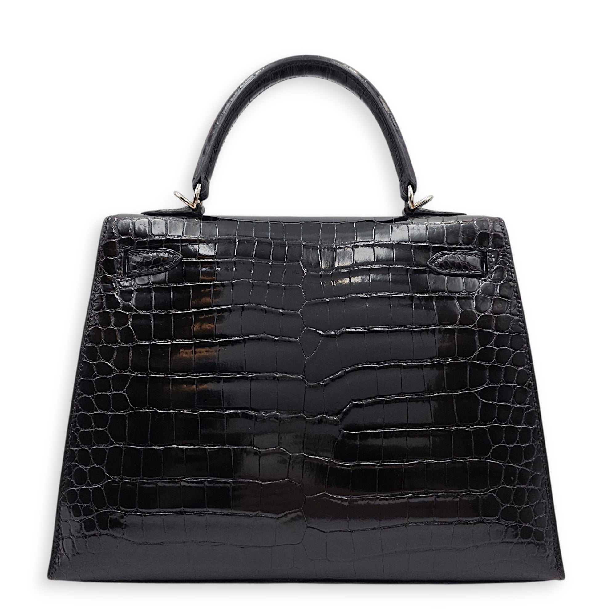 Sellier Kelly 25 Black in Shiny Porosus Palladium hardware CL2603-19987 2