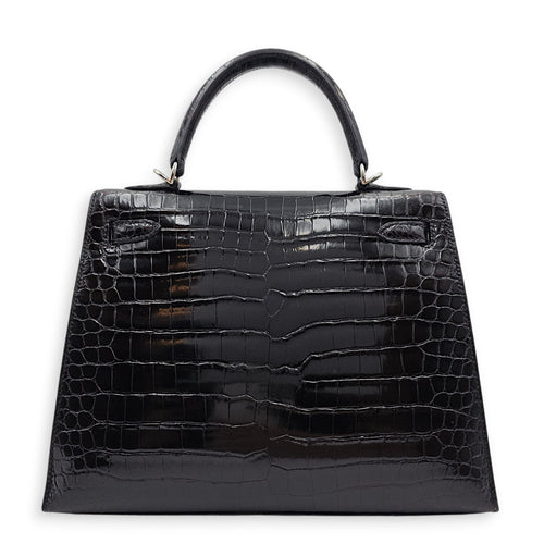 Sellier Kelly 25 Black in Shiny Porosus Palladium hardware CL2603-19987 2