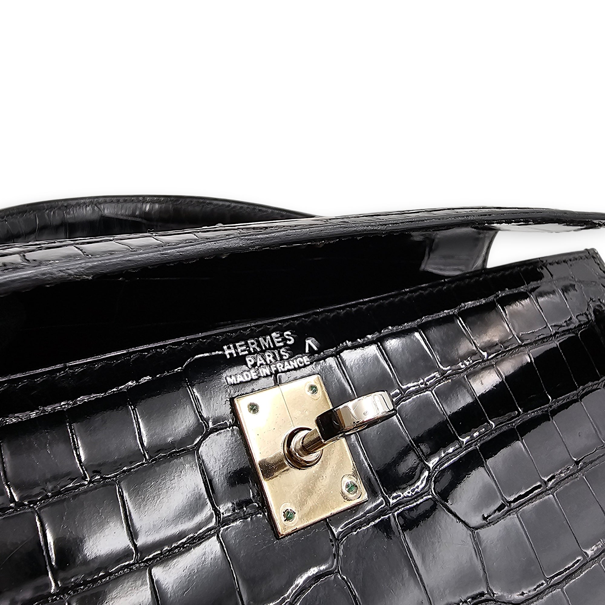 Sellier Kelly 25 Black in Shiny Porosus Palladium hardware CL2603-19987 8