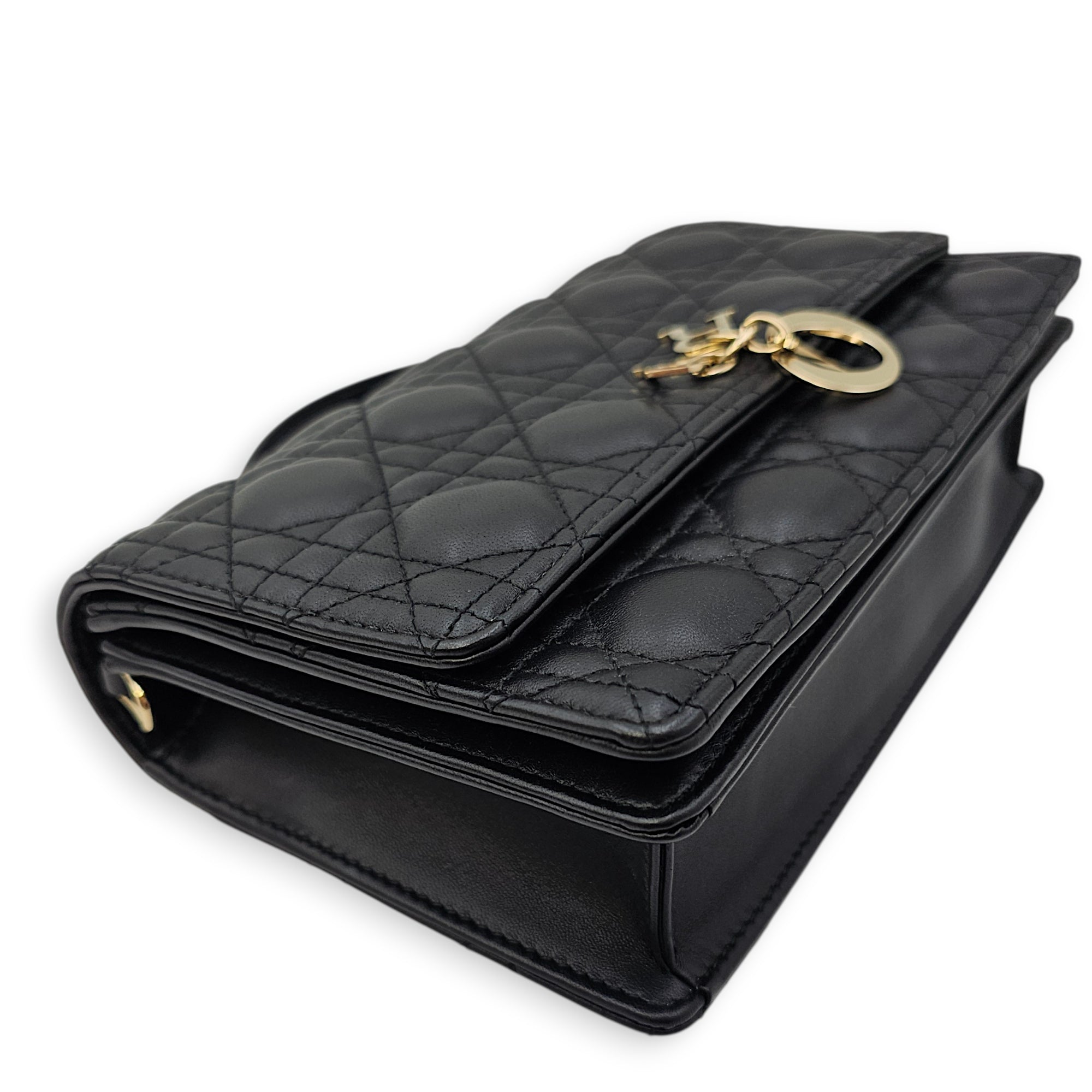 Mini Dior Top Handle Black Shoulder Bag in Lambskin Gold hardware