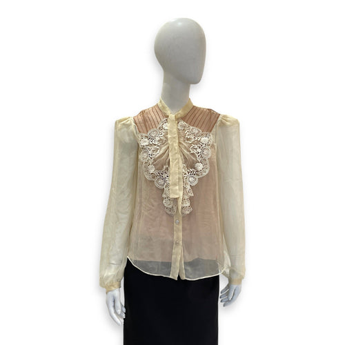 Sheer Blouse with Intricate Lace Detailing 42 Beige Ready-To-Wear in Silk CL2603-20139 1