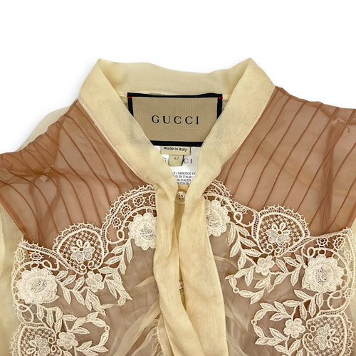 Sheer Blouse with Intricate Lace Detailing 42 Beige Ready-To-Wear in Silk CL2603-20139 3