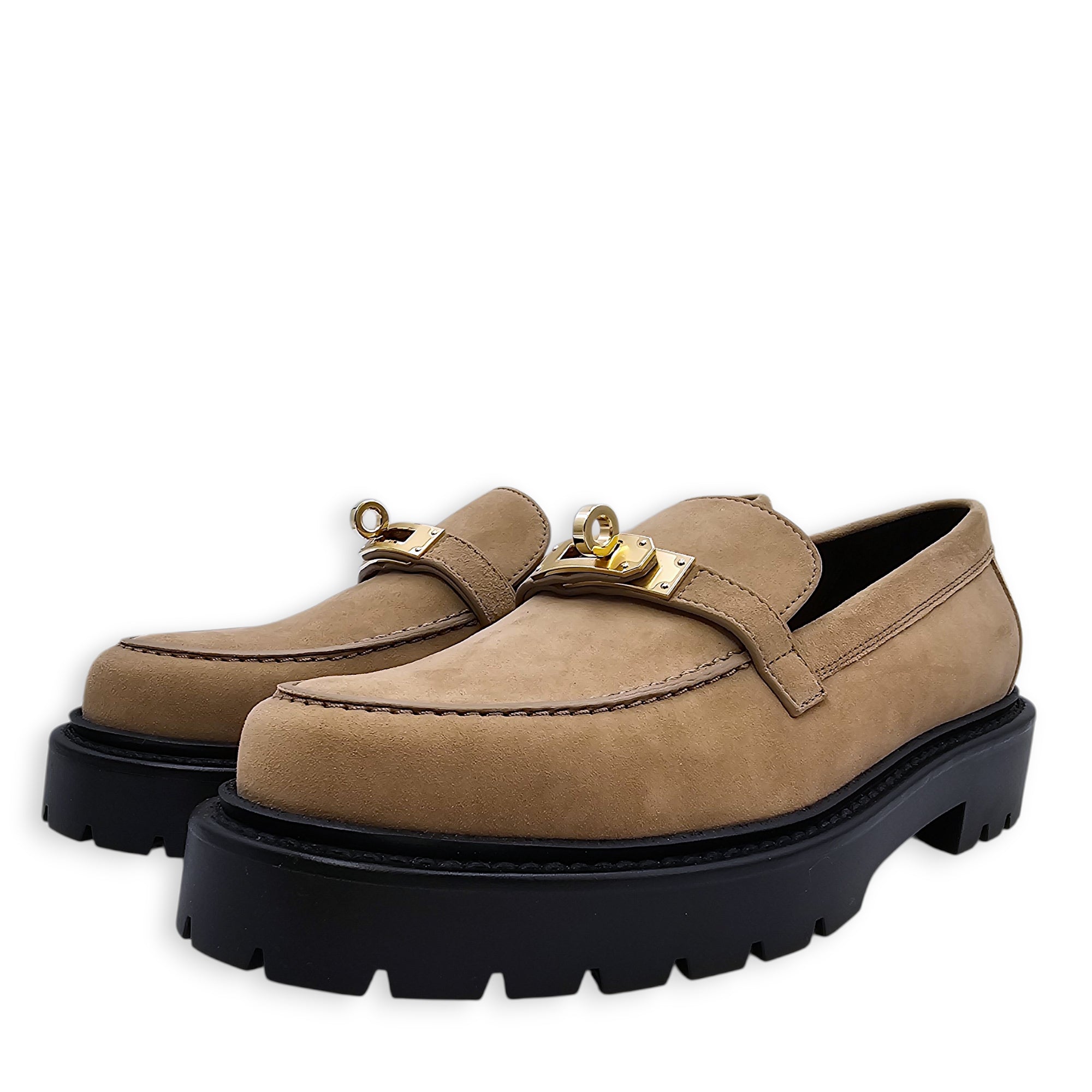 Icone 38.5 Beige Sable Loafers in Suede Leather Permabrass hardware CL2603-20174 2