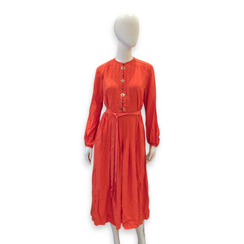 Pleated Button Up Shirt Dress Size 34 Orange Ready-To-Wear in Silk CL2603-20203 1