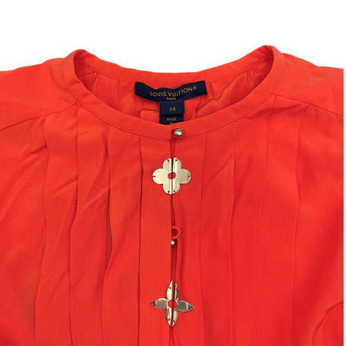 Pleated Button Up Shirt Dress Size 34 Orange Ready-To-Wear in Silk CL2603-20203 3