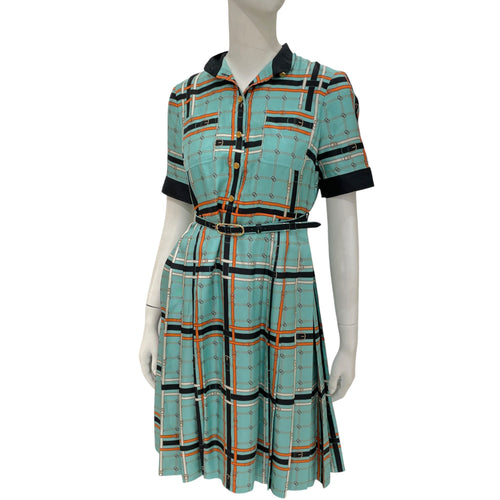 GG Belt Chain Short Sleeved Dress 38 Tiffany Blue Ready-To-Wear in Silk Gold hardware CL2603-20253 1
