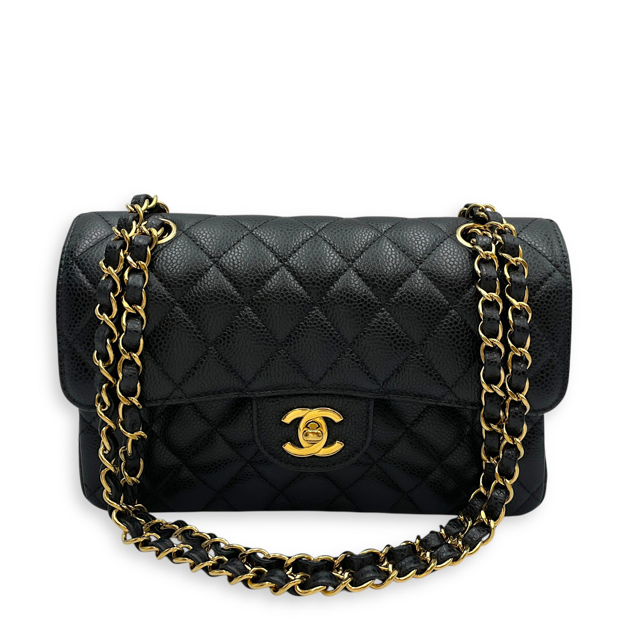 Small Classic DF Black Shoulder Bag in Caviar Leather Gold hardware