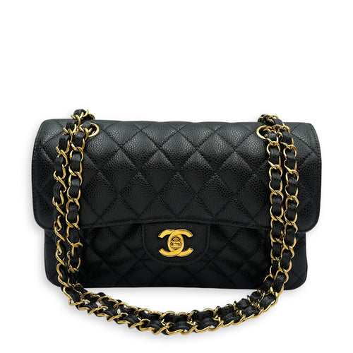 Small Classic DF Black Shoulder Bag in Caviar Leather Gold hardware