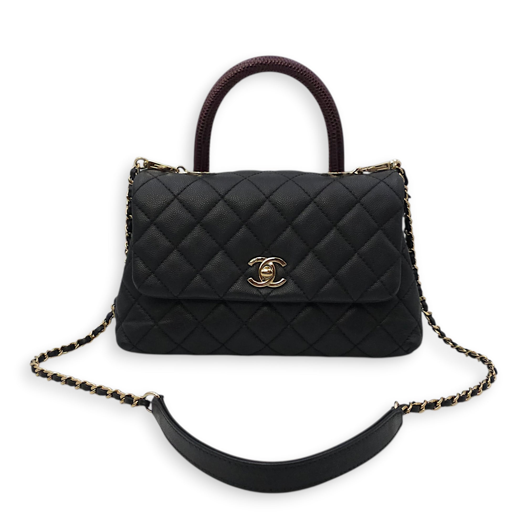 Coco Top Handle with Lizard Leather Small Black in Caviar Leather Gold hardware CL2603-20270 16