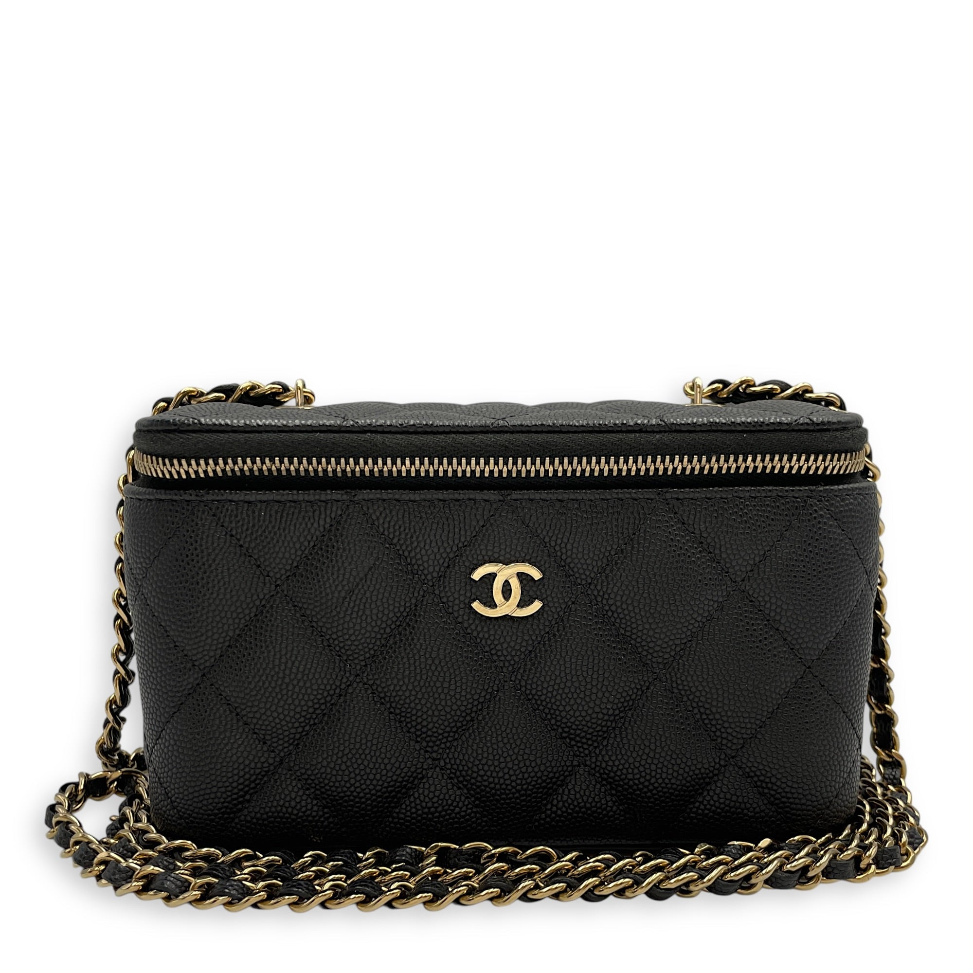 Quilted Vanity Case Black Crossbody Bag in Caviar Leather Gold hardware CL2603-20319 10