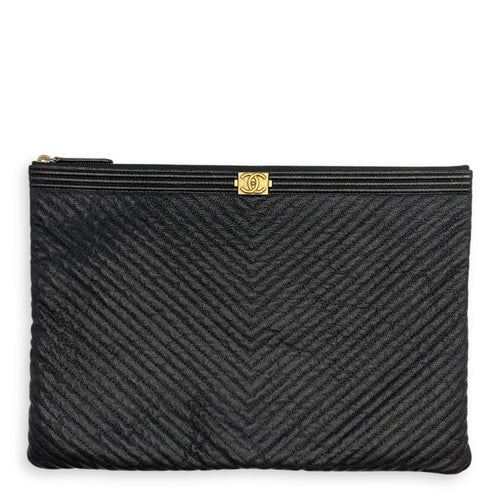 Le Boy O Case Chevron Black Clutch in Calfskin Gold hardware CL2603-20320 1