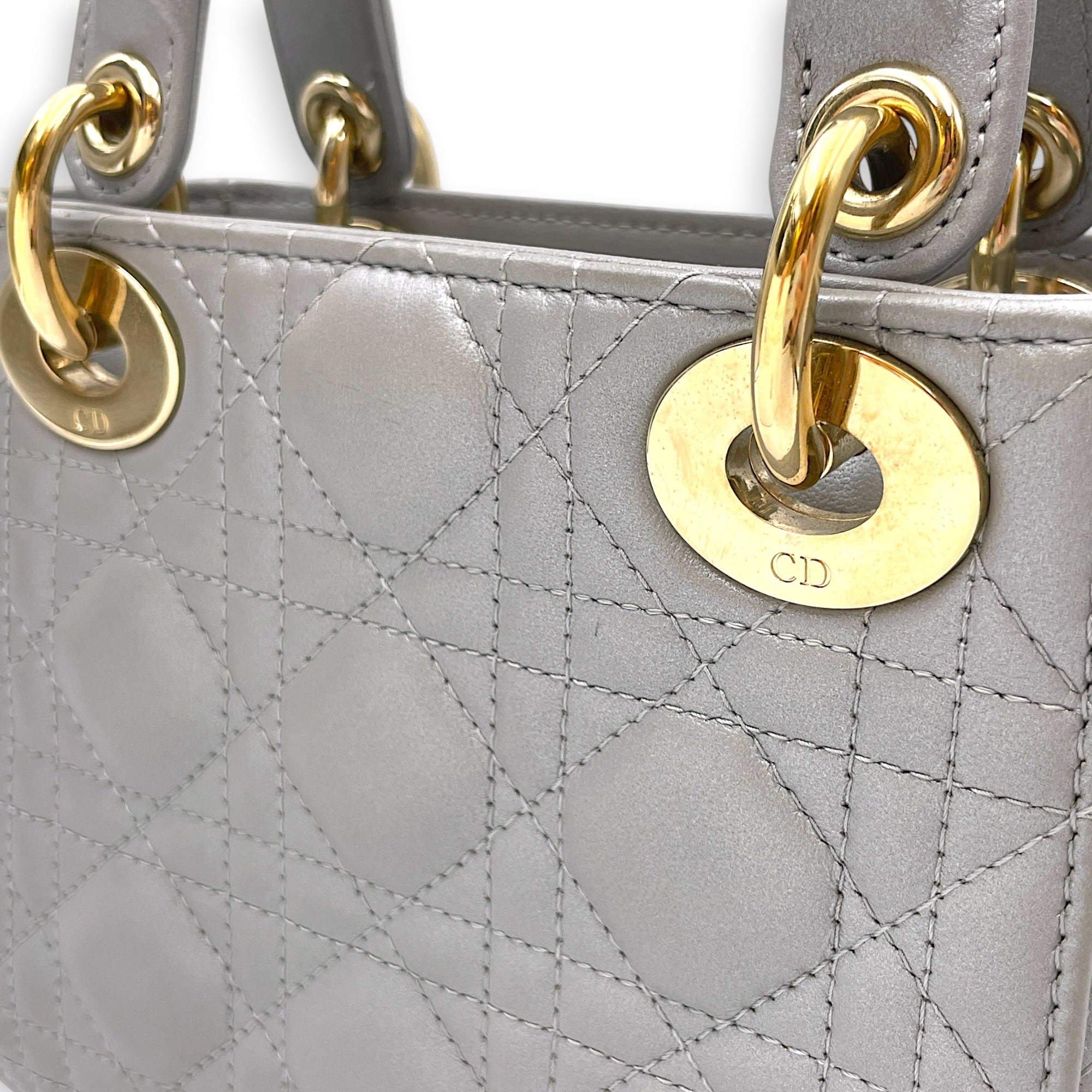 Mini Lady Dior 20 Grey Top Handle Bag in Lambskin Gold hardware