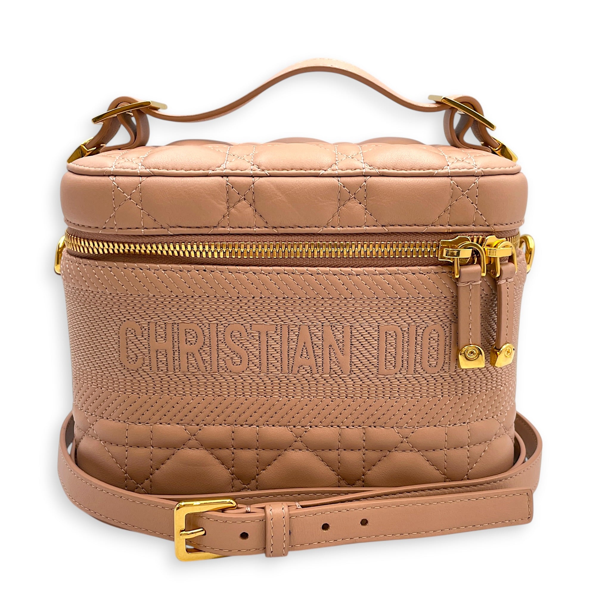 Small Diortravel Vanity Case with Strap Beige Vanity Bag in Calfskin Gold hardware
