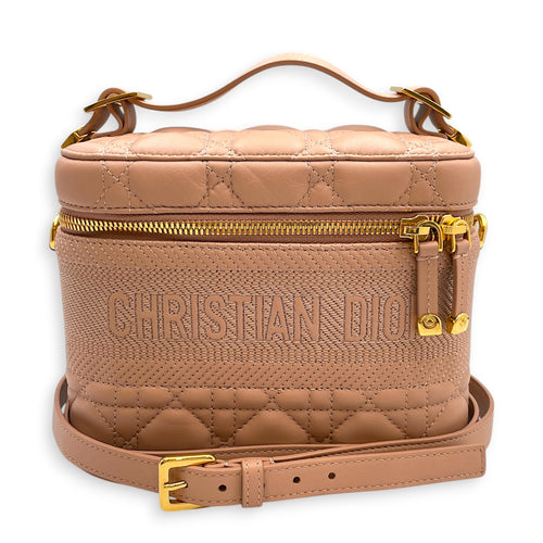 Small Diortravel Vanity Case with Strap Beige Vanity Bag in Calfskin Gold hardware