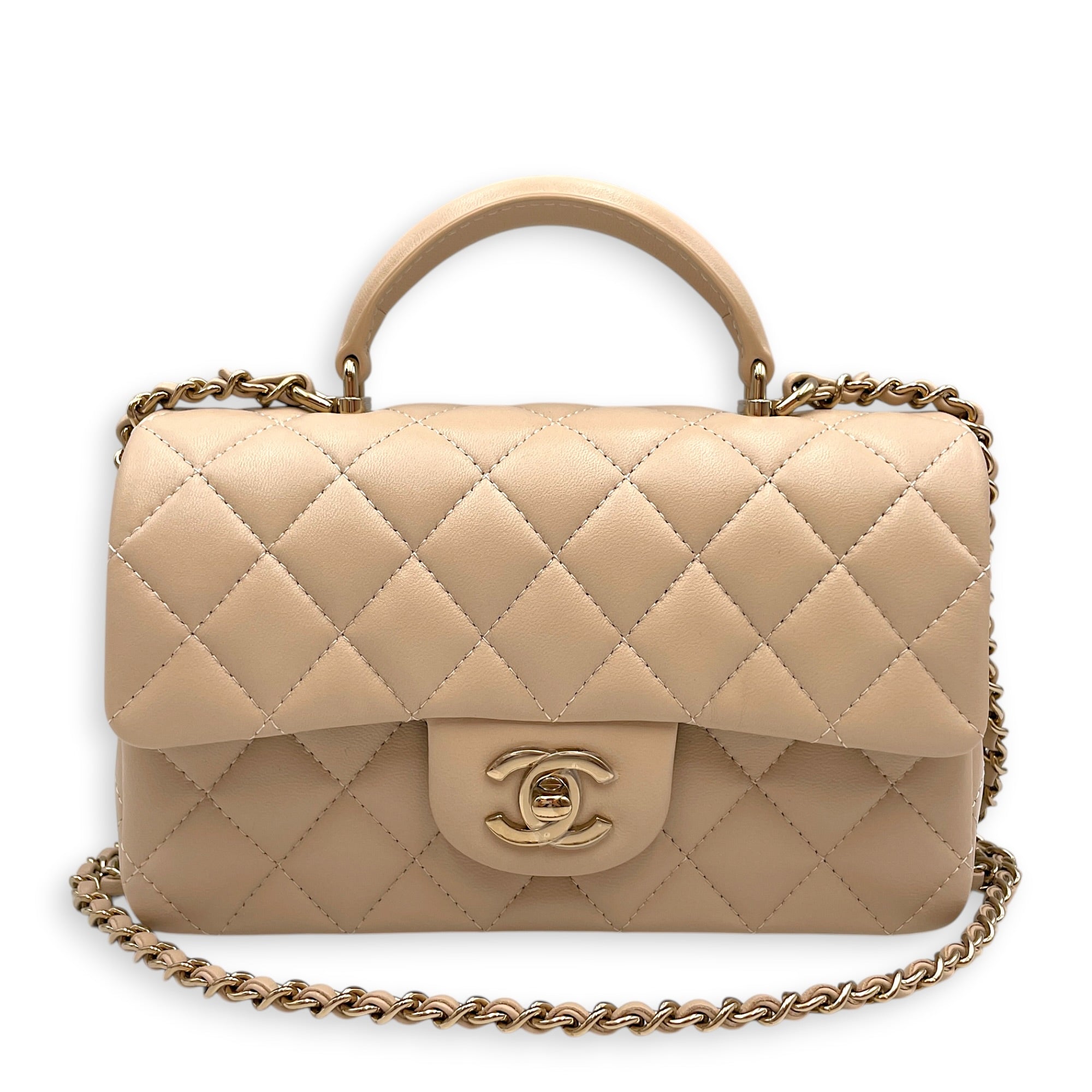 Mini Rectangular Flap Beige Crossbody Bag in Lambskin Gold hardware