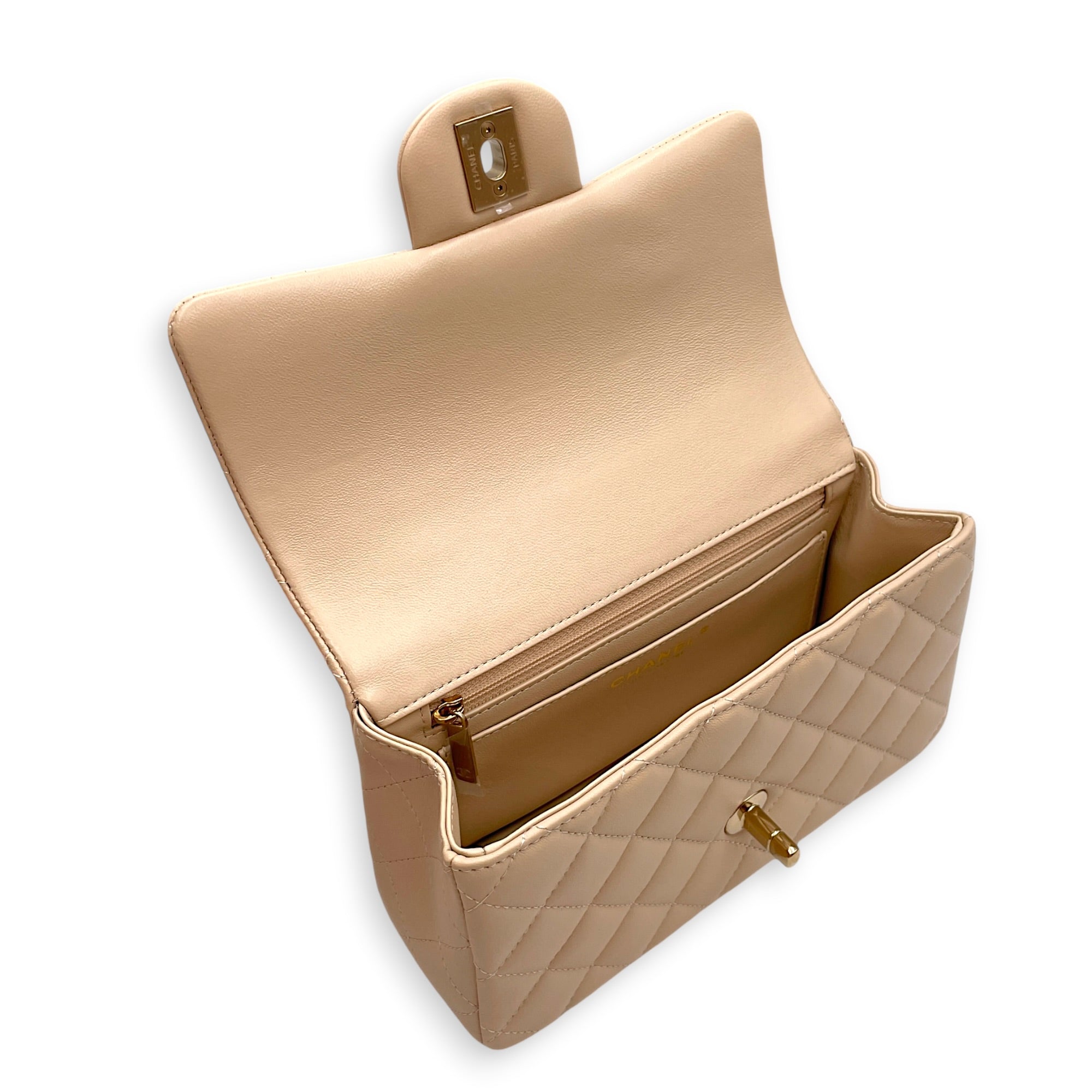 Mini Rectangular Flap Beige Crossbody Bag in Lambskin Gold hardware