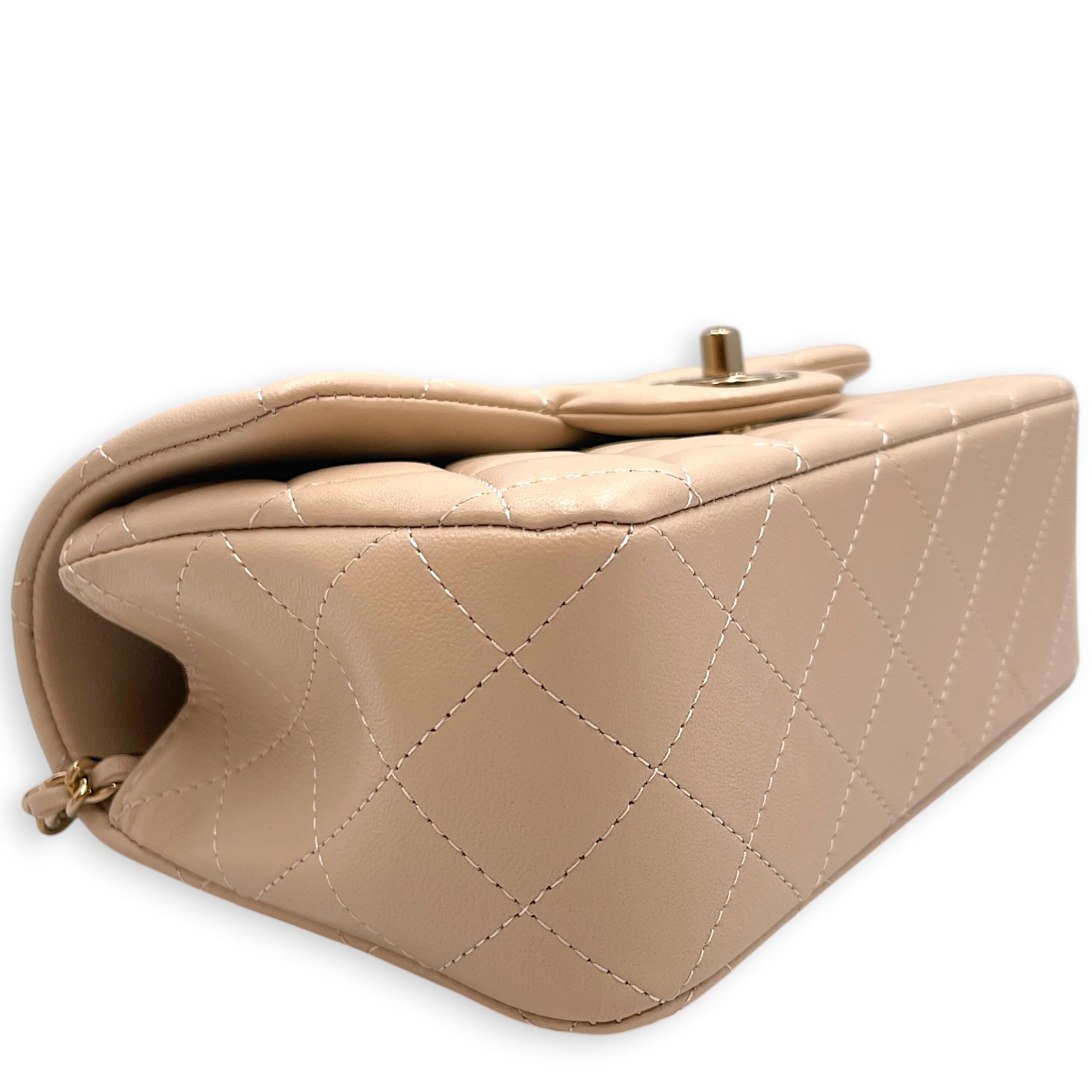 Mini Rectangular Flap Beige Crossbody Bag in Lambskin Gold hardware