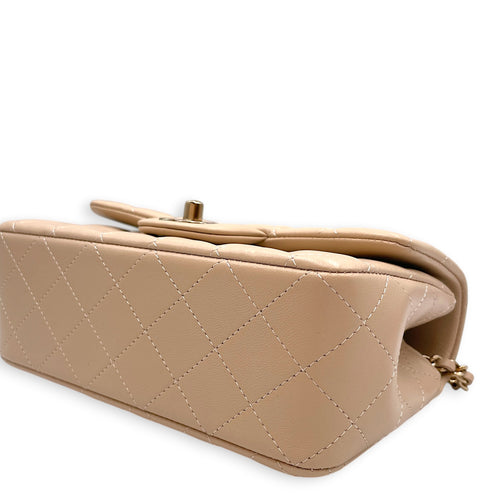 Mini Rectangular Flap Beige Crossbody Bag in Lambskin Gold hardware