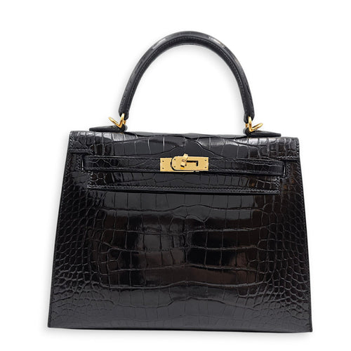 Sellier Kelly 25 Black in Shiny Alligator Gold hardware CL2603-20411 1