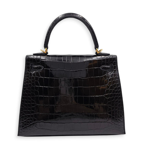 Sellier Kelly 25 Black in Shiny Alligator Gold hardware CL2603-20411 2