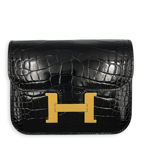 Constance slim Black Wallet in Shiny Alligator Gold hardware