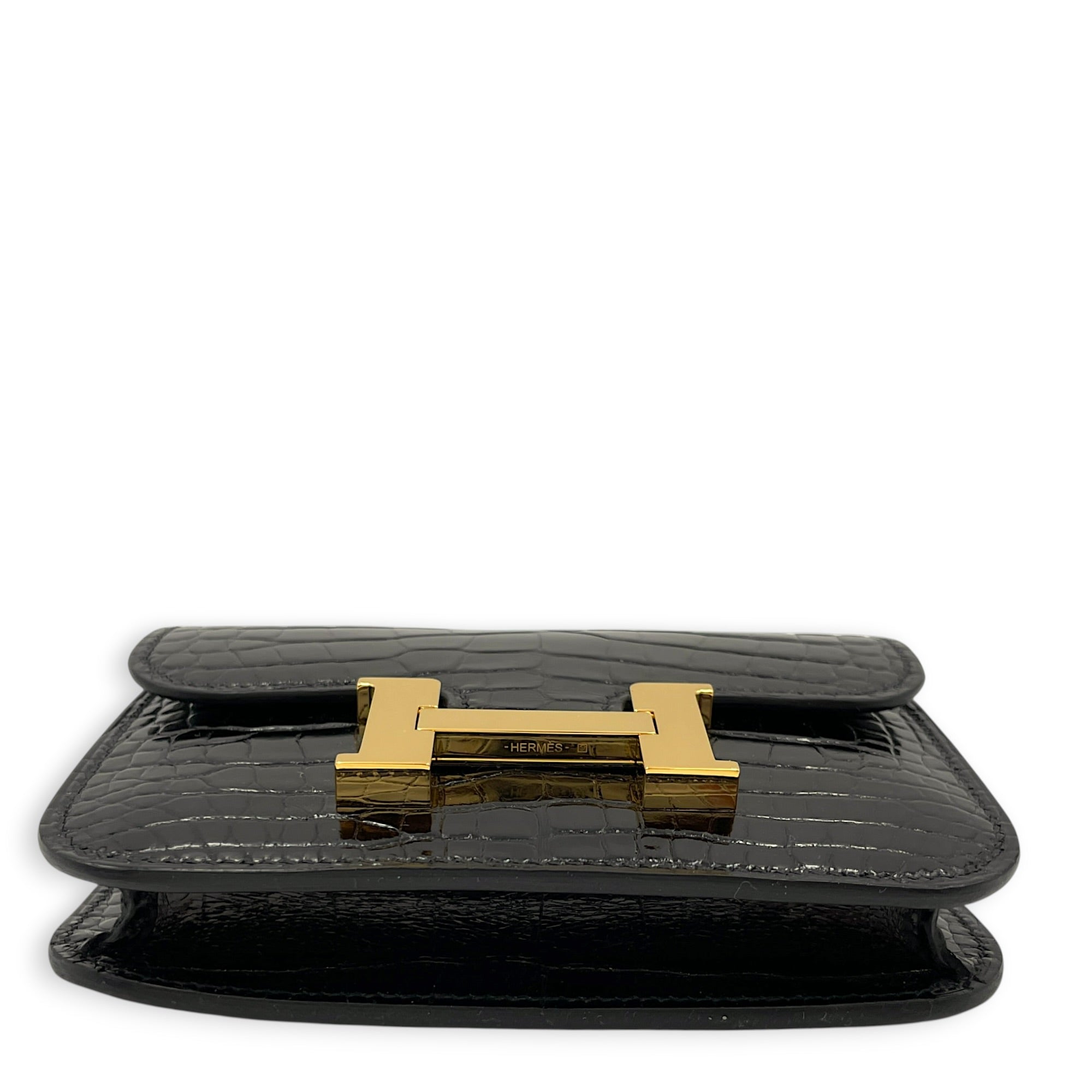 Constance slim Black Wallet in Shiny Alligator Gold hardware
