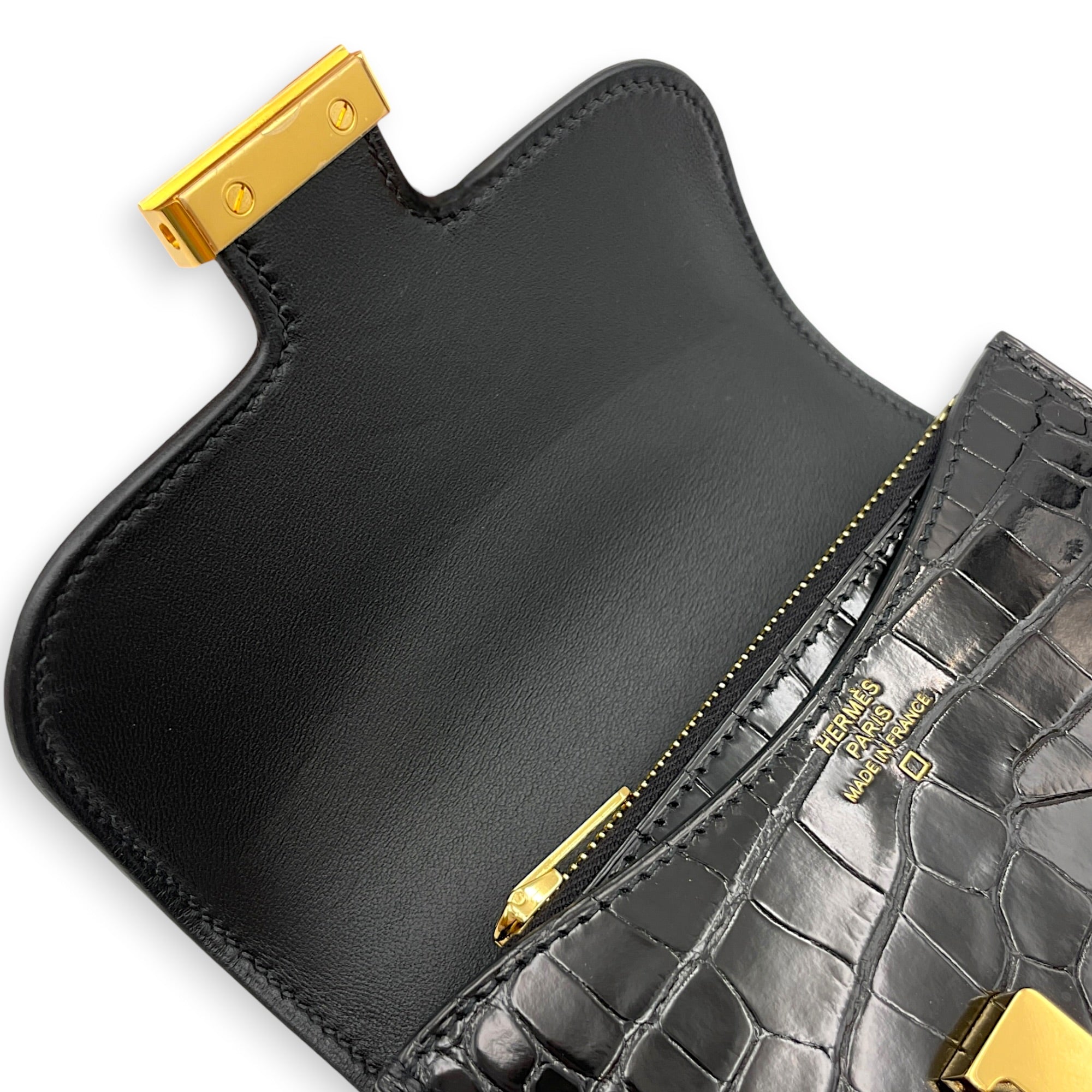Constance slim Black Wallet in Shiny Alligator Gold hardware