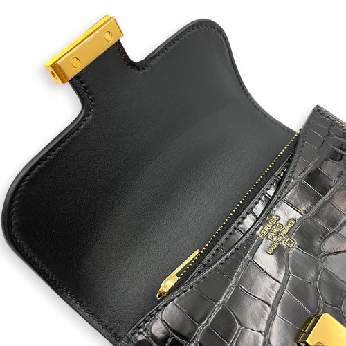 Constance slim Black Wallet in Shiny Alligator Gold hardware