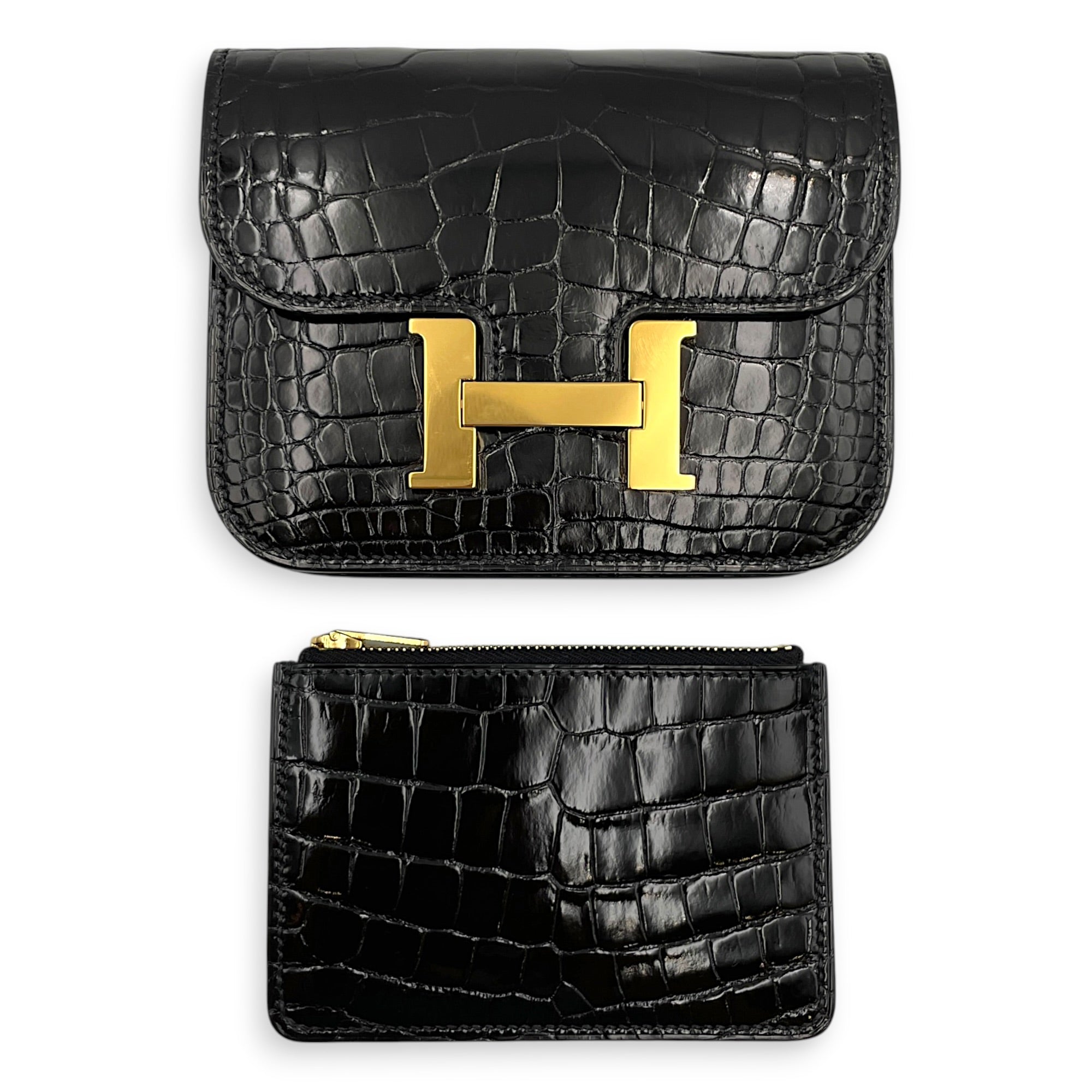 Constance slim Black Wallet in Shiny Alligator Gold hardware